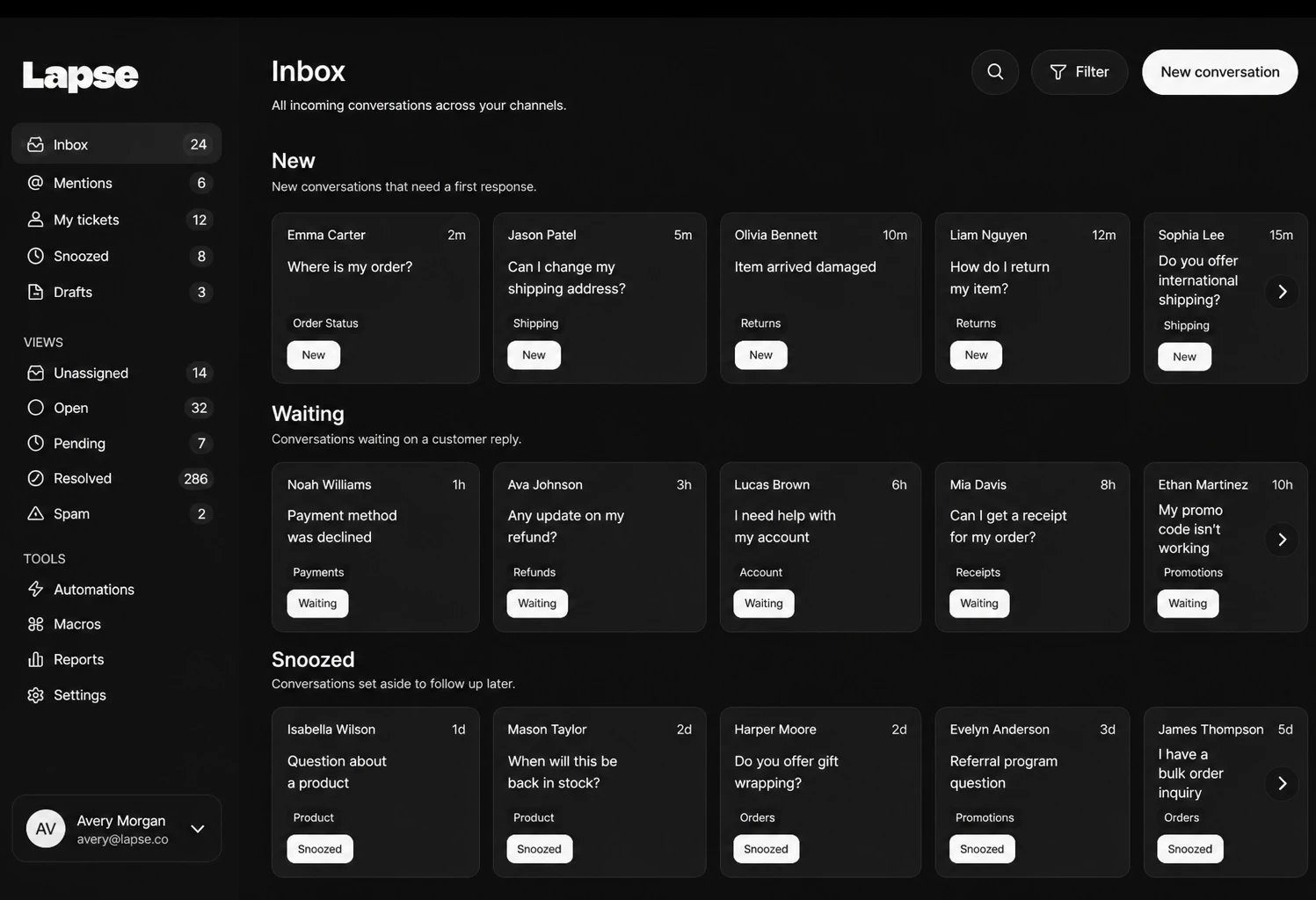 Lapse inbox showing new and waiting conversations